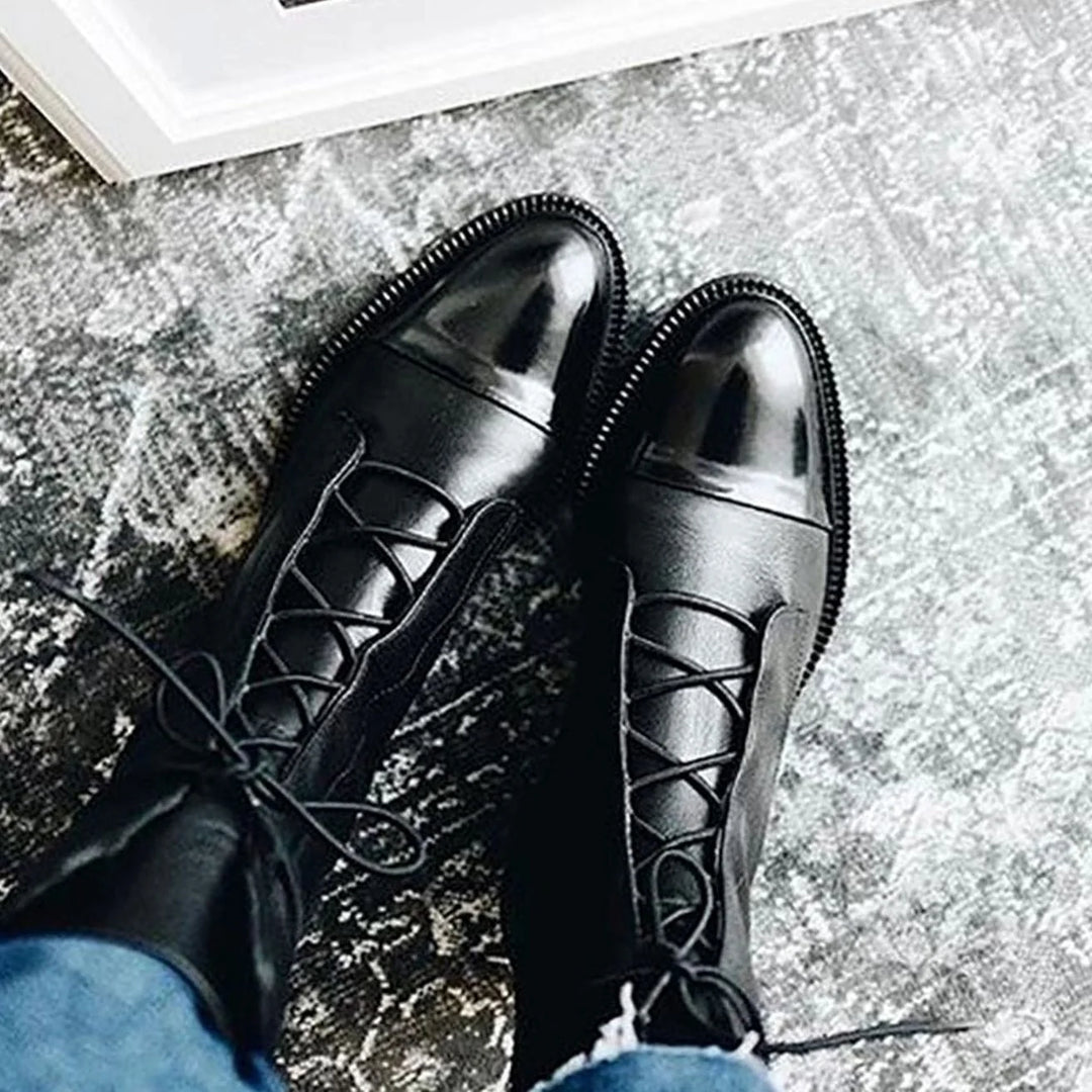 Leanne | Women's Cap Toe Flat Sole Ankle Lace Up Boots
