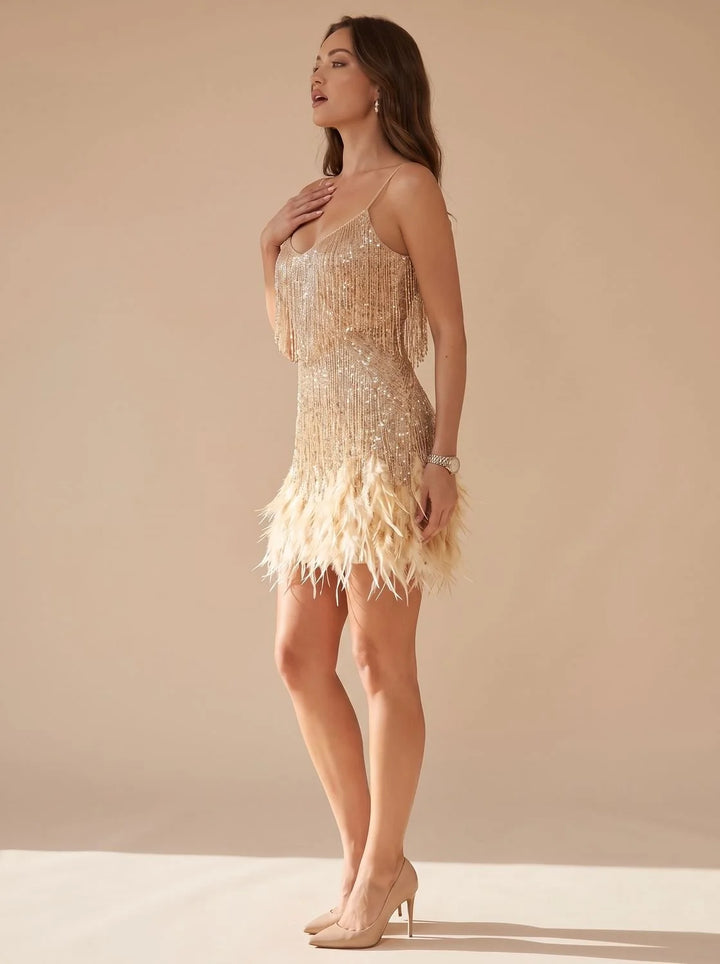 Lucy | Women's Feather Hem Sequin Mini Christmas Party Dress