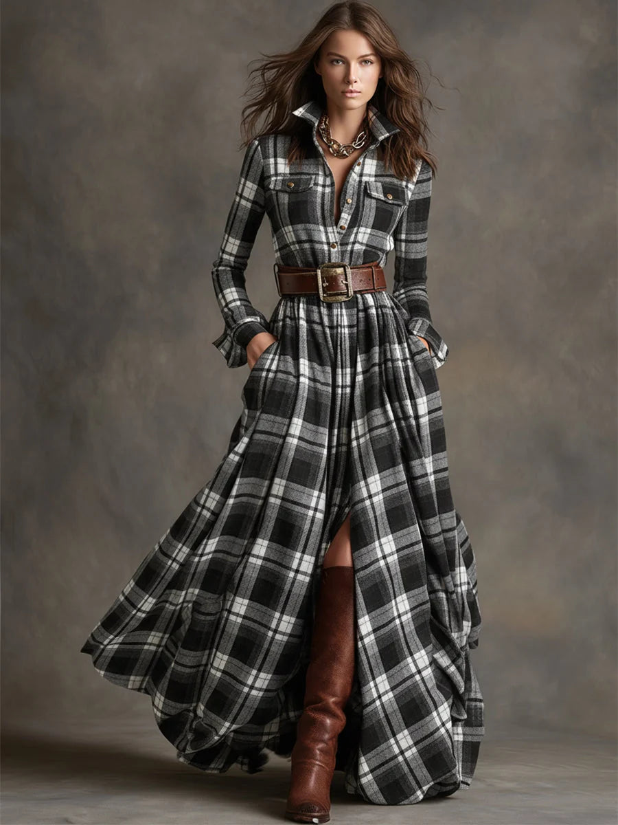 Margaret | Women's Belted Tartan Maxi Dress