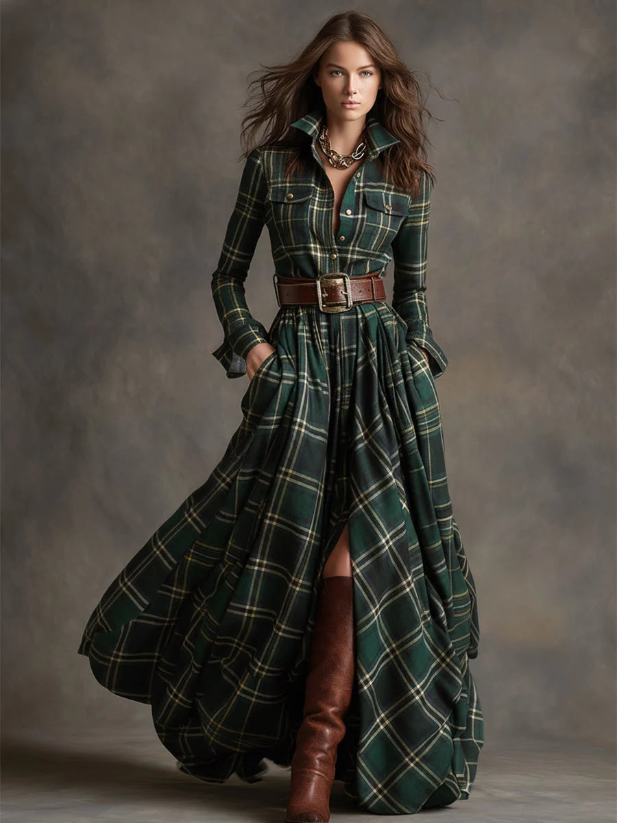 Margaret | Women's Belted Tartan Maxi Dress