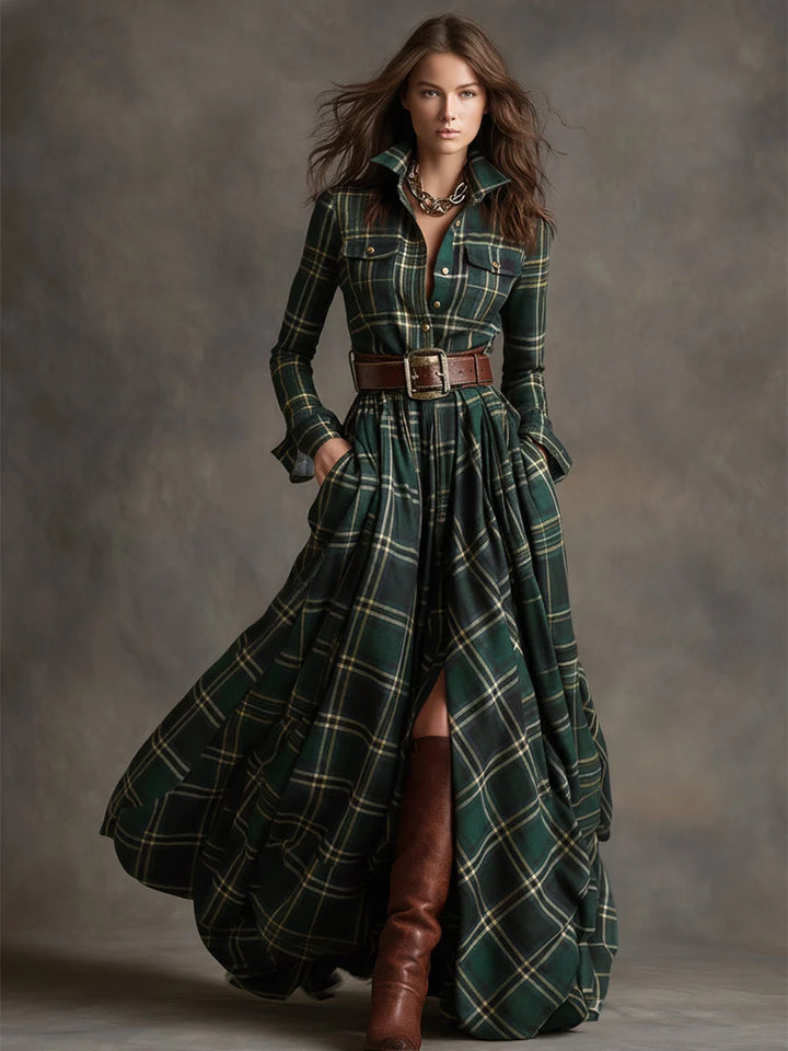 Margaret | Women's Belted Tartan Maxi Dress