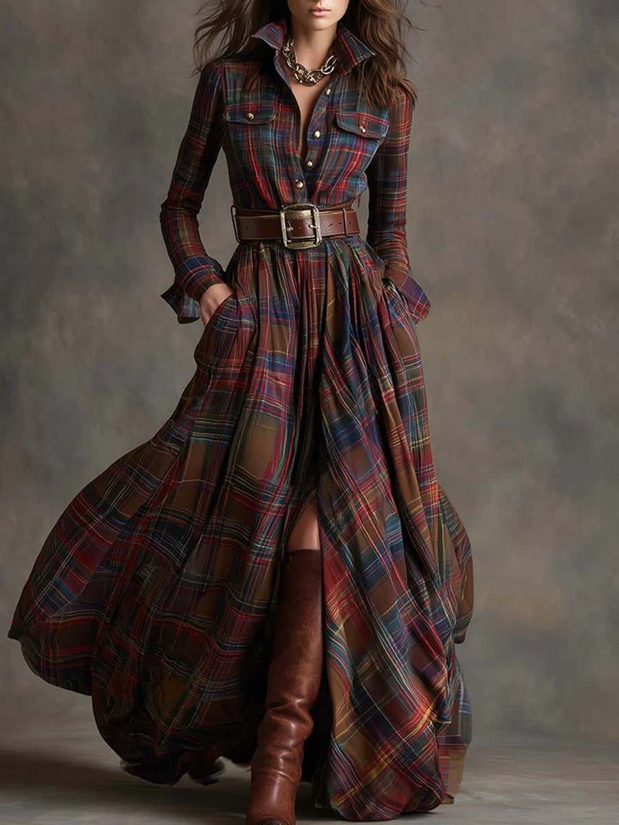 Margaret | Women's Belted Tartan Maxi Dress
