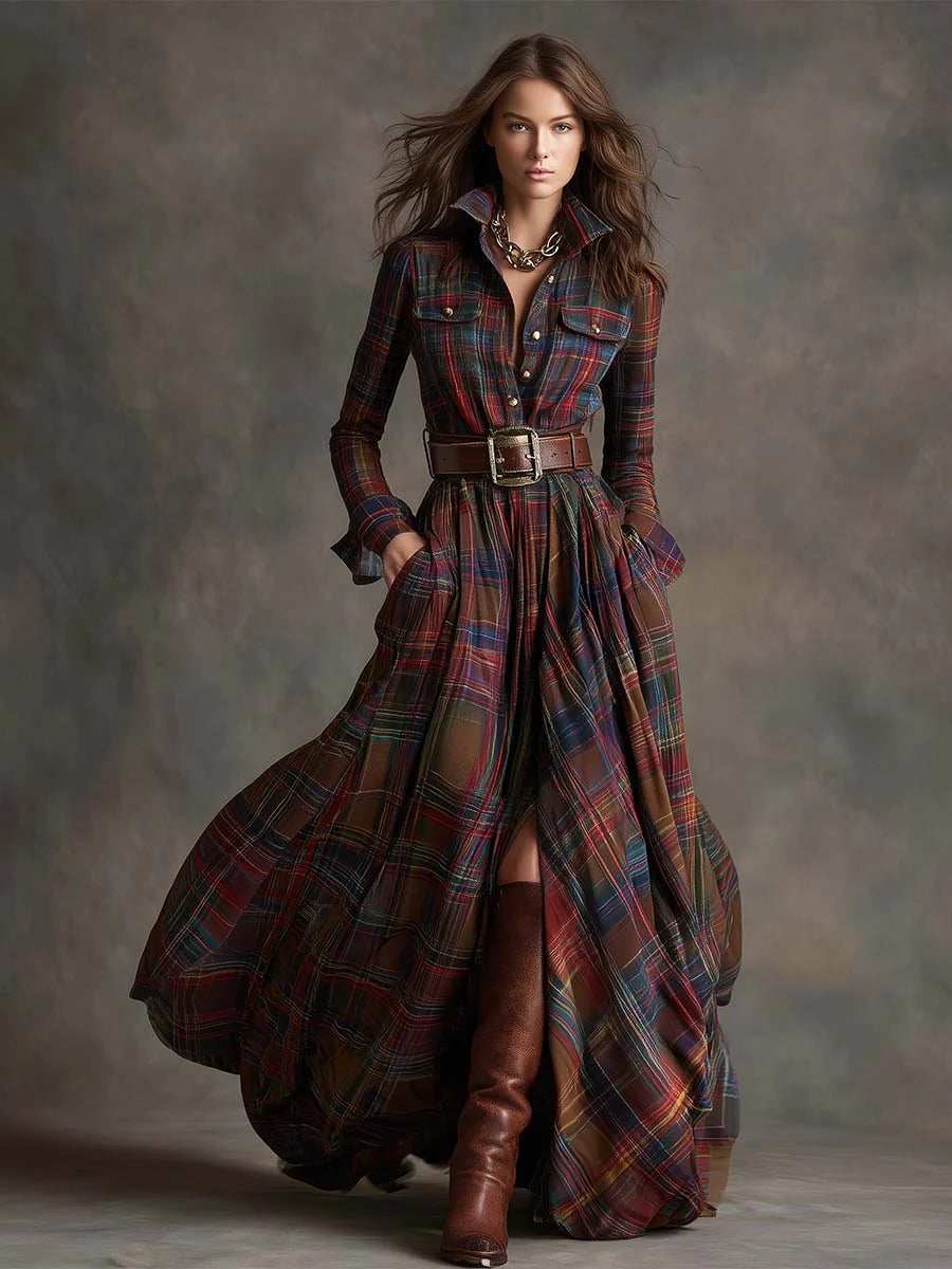 Margaret | Women's Belted Tartan Maxi Dress
