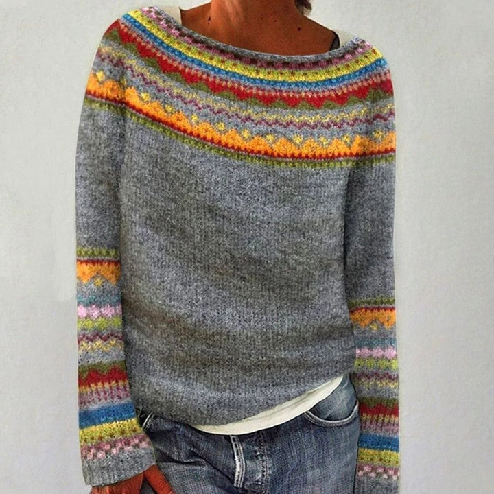Maria | Women's Fair Isle Yoke Long Sleeve Gray Sweater