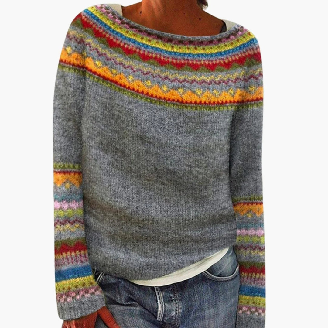 Maria | Women's Fair Isle Yoke Long Sleeve Gray Sweater