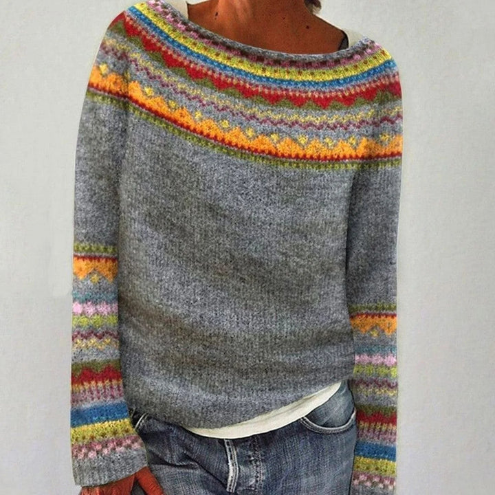 Maria | Women's Fair Isle Yoke Long Sleeve Gray Sweater
