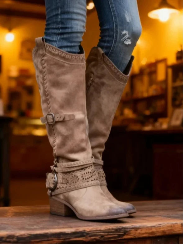 Marigold | Women's Round Toe Side Zip Knee High Buckle Boots