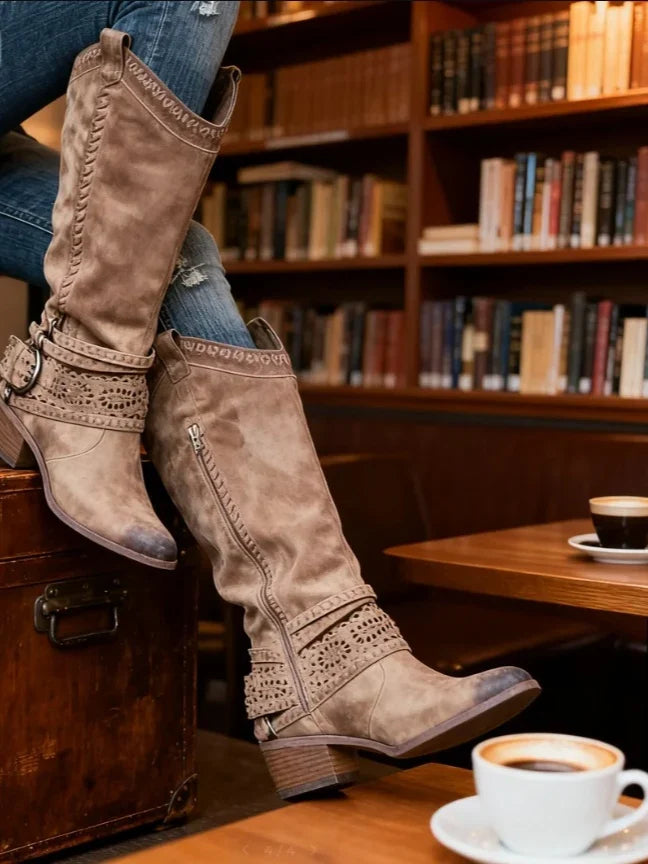 Marigold | Women's Round Toe Side Zip Knee High Buckle Boots