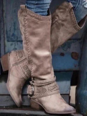Marigold | Women's Round Toe Side Zip Knee High Buckle Boots