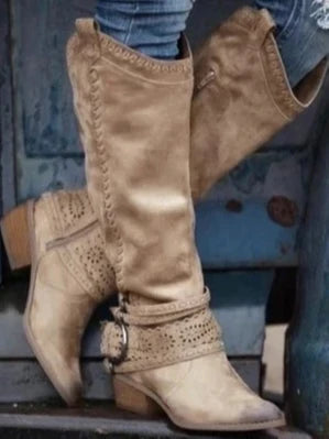 Marigold | Women's Round Toe Side Zip Knee High Buckle Boots