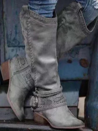 Marigold | Women's Round Toe Side Zip Knee High Buckle Boots