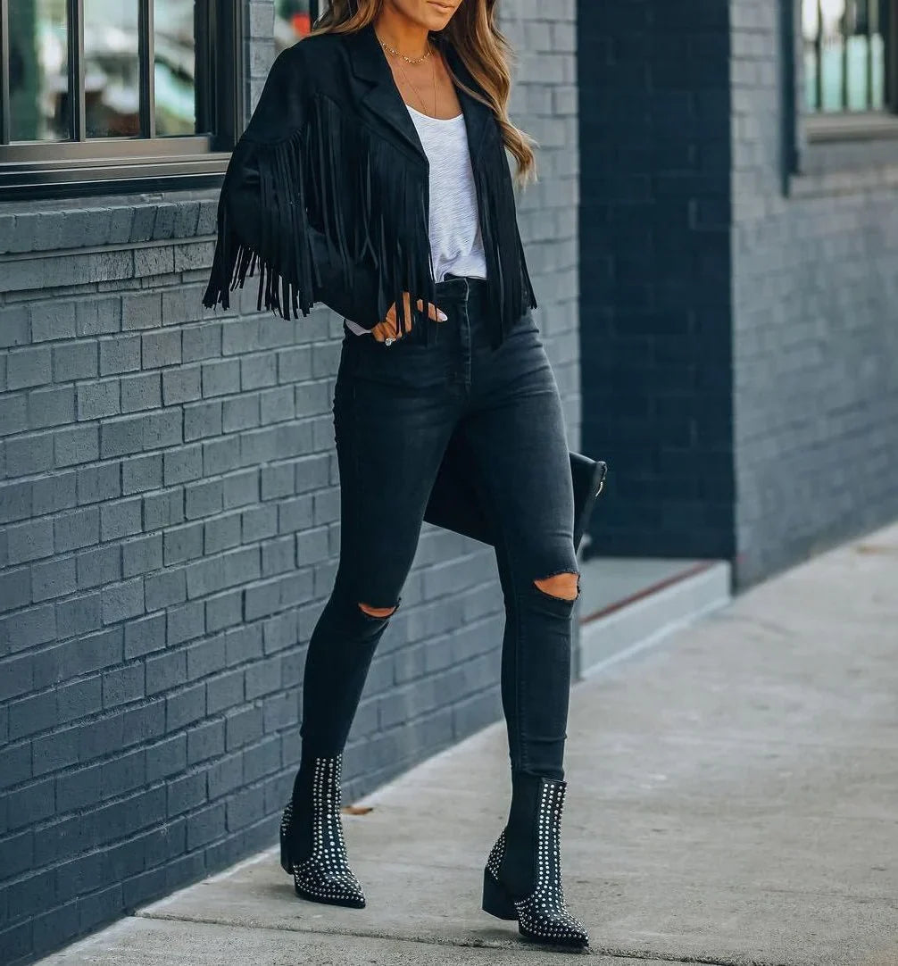 Marnie | Women's Cropped Fringe Faux Suede Jacket
