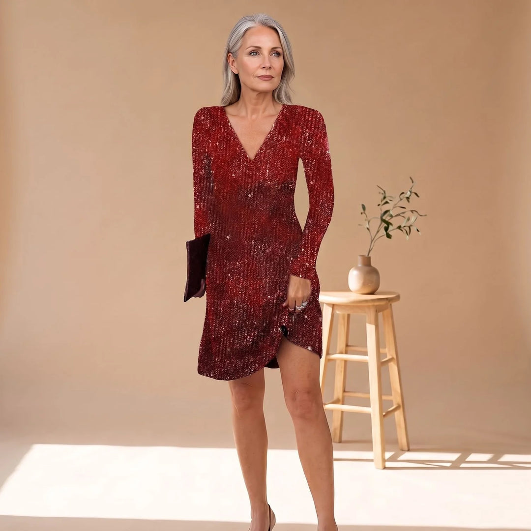 Matilda | Women's Sequin V Neck Long Sleeve Mini Dress