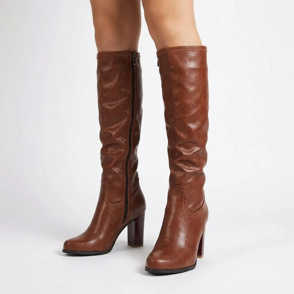 Megan | Women's Slouchy Block Heel Brown Knee High Boots