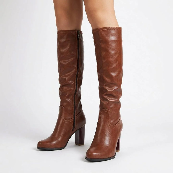 Megan | Women's Slouchy Block Heel Brown Knee High Boots