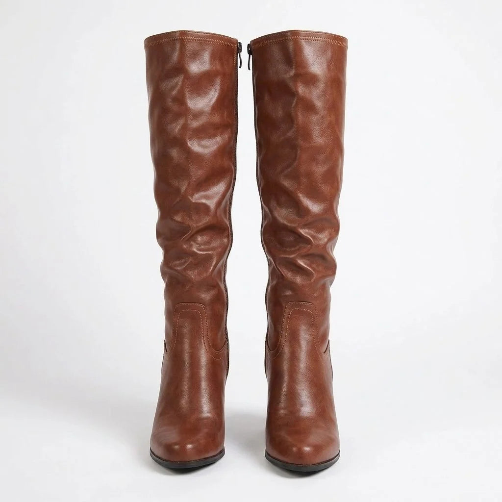 Megan | Women's Slouchy Block Heel Brown Knee High Boots