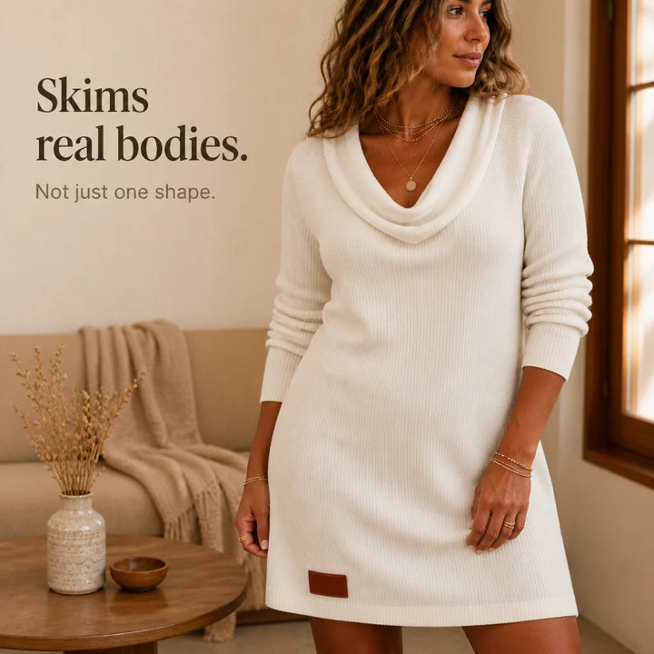 Meghan | Women's Cowl Neck Ribbed Sweater Dress
