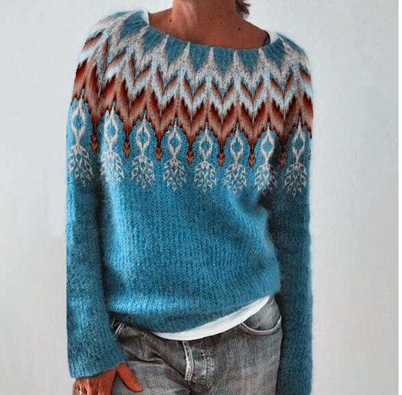 Mia | Women's Fair Isle Yoke Contrast Cuff Crew Neck Sweater