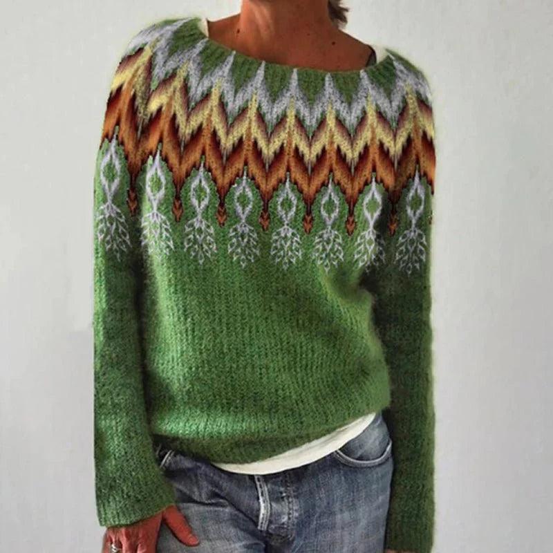 Mia | Women's Fair Isle Yoke Contrast Cuff Crew Neck Sweater