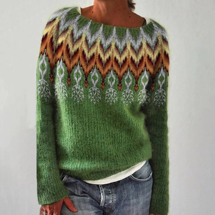 Mia | Women's Fair Isle Yoke Contrast Cuff Crew Neck Sweater