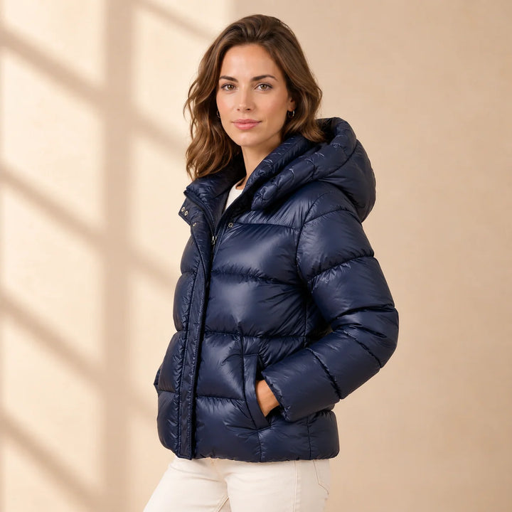 Natalie | Women's Hooded Funnel Neck Glossy Puffer Jacket