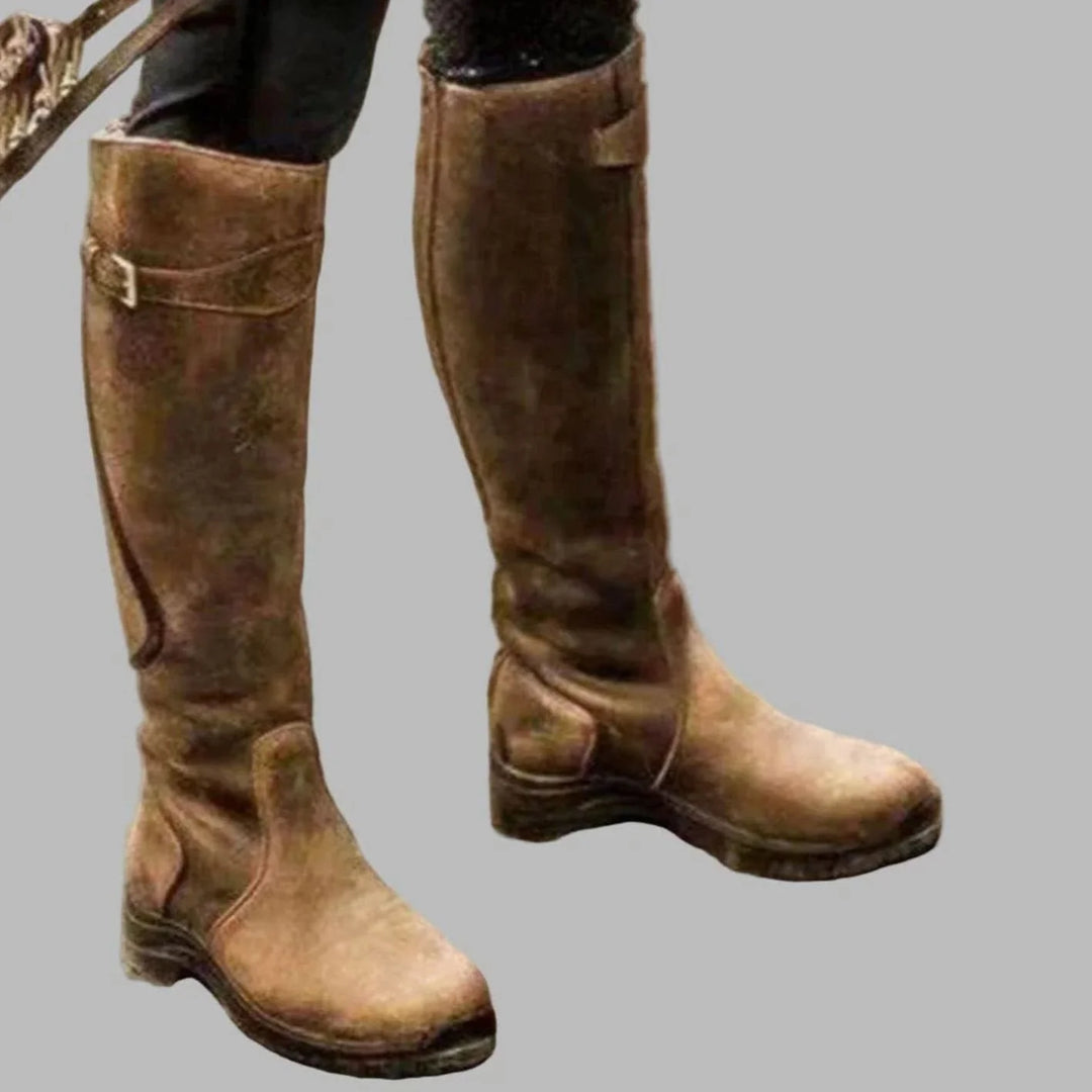 Pooja | Women's Knee High Belted Round Toe Boots