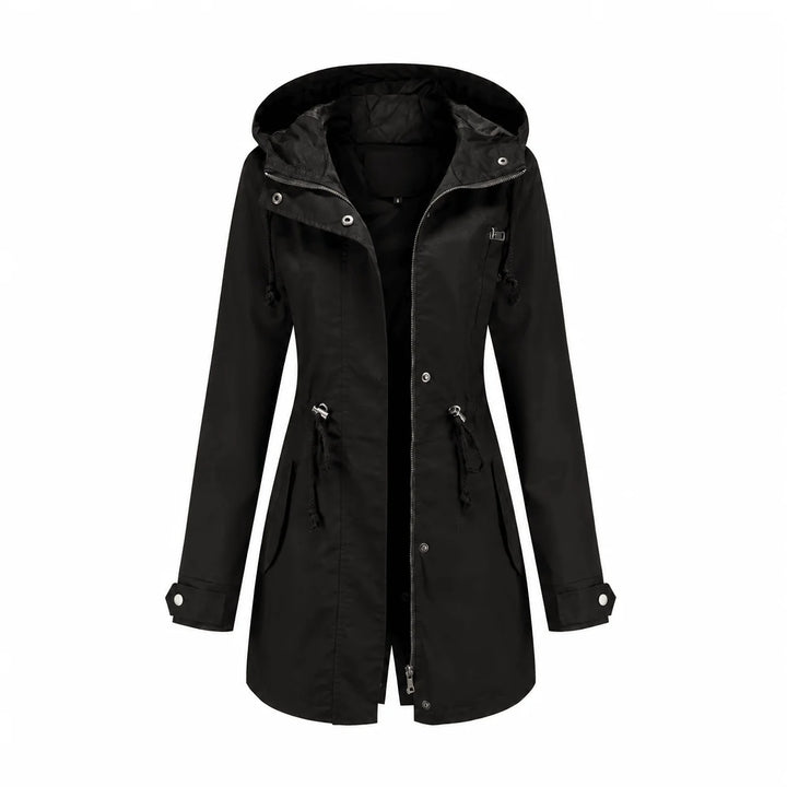 Poppy | Women's Hooded Drawstring Waist Zip Up Long Raincoat
