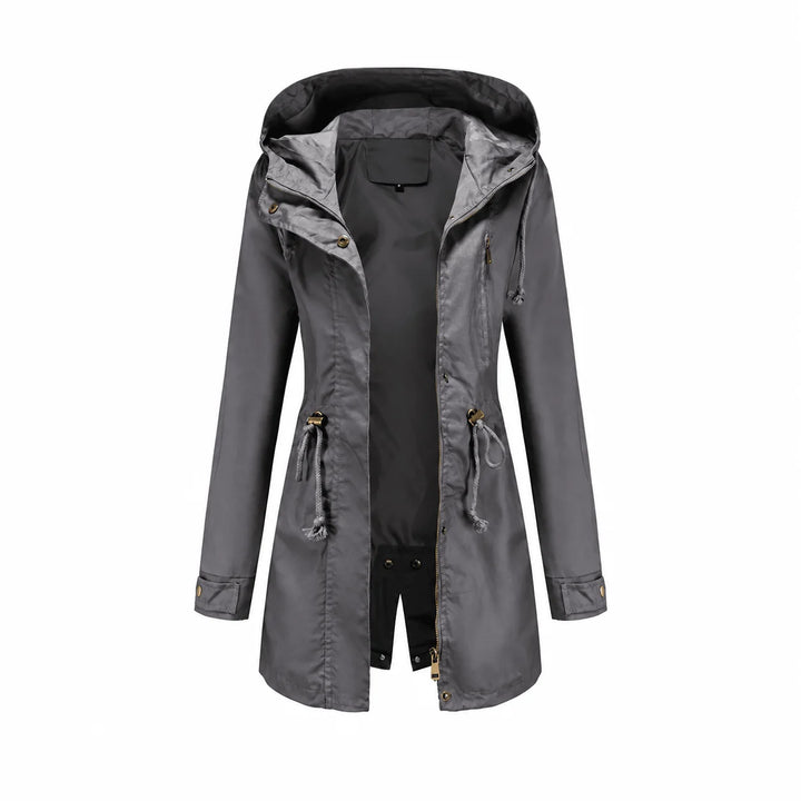 Poppy | Women's Hooded Drawstring Waist Zip Up Long Raincoat