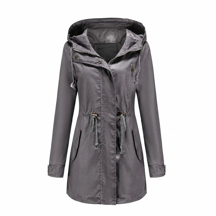 Poppy | Women's Hooded Drawstring Waist Zip Up Long Raincoat