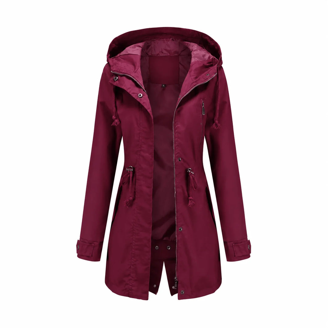 Poppy | Women's Hooded Drawstring Waist Zip Up Long Raincoat