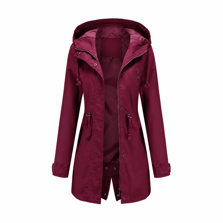 Poppy | Women's Hooded Drawstring Waist Zip Up Long Raincoat