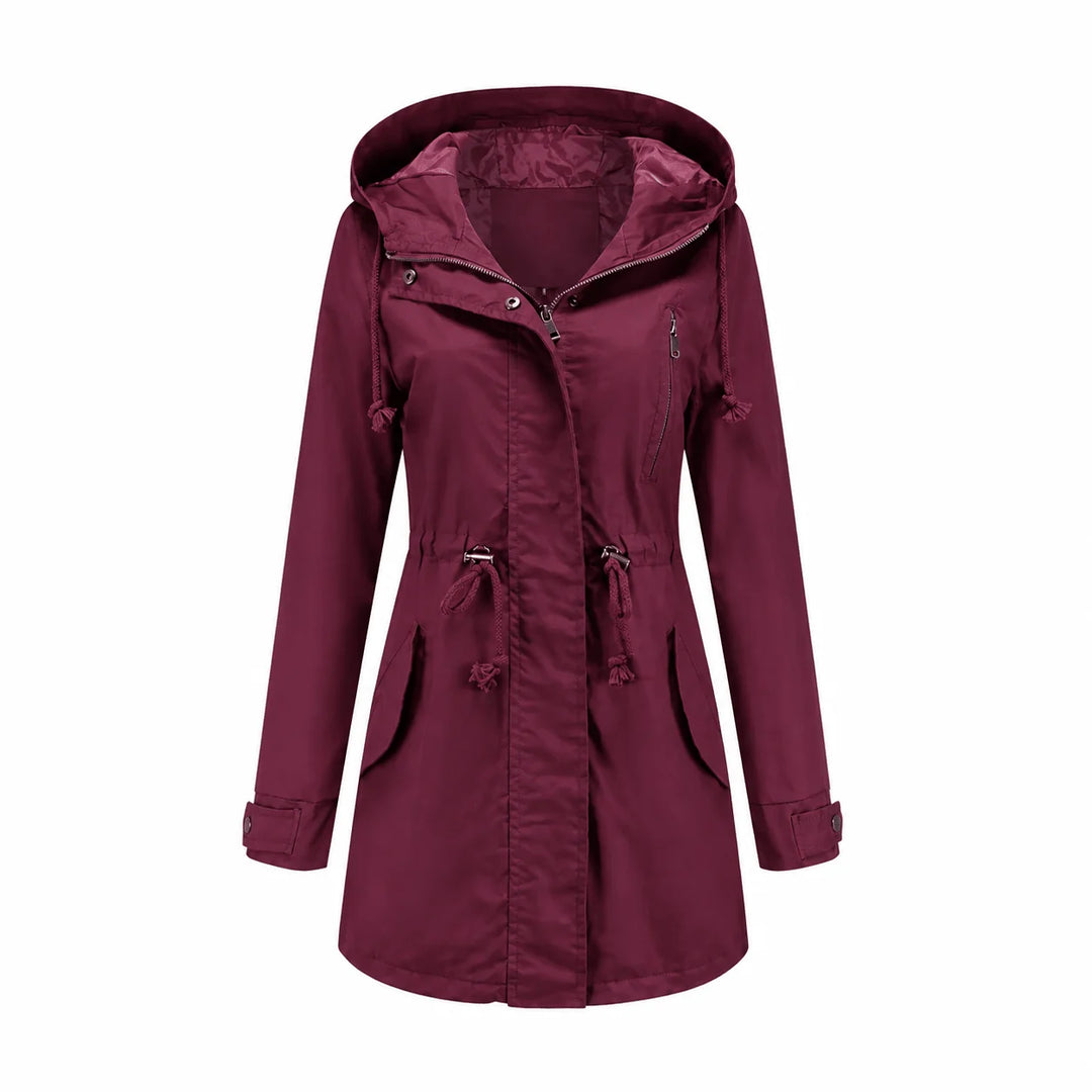 Poppy | Women's Hooded Drawstring Waist Zip Up Long Raincoat