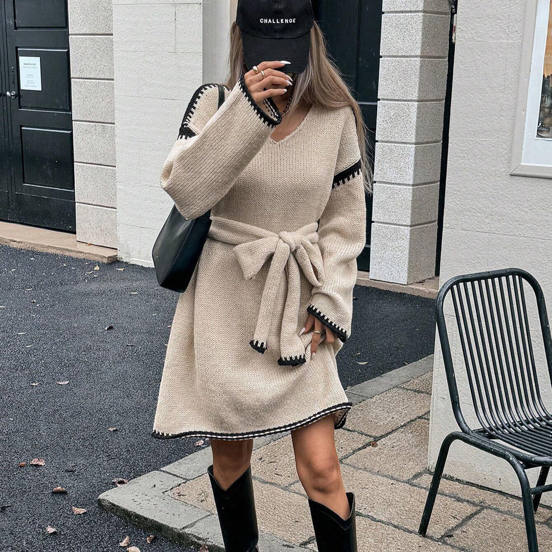 Primrose | Women's Belted V Neck Long Sleeve Knit Dress
