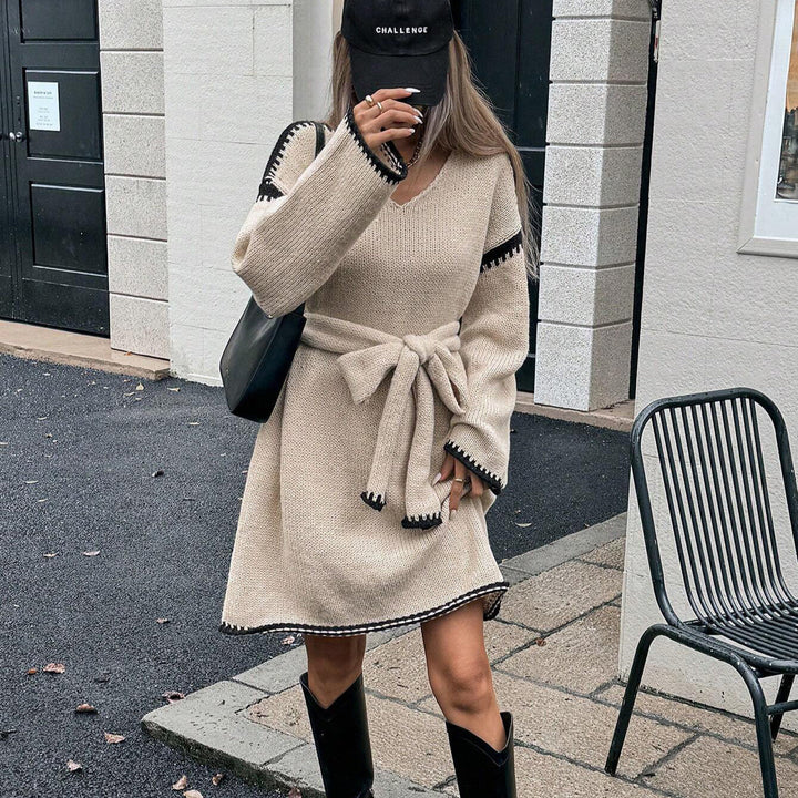 Primrose | Women's Belted V Neck Long Sleeve Knit Dress