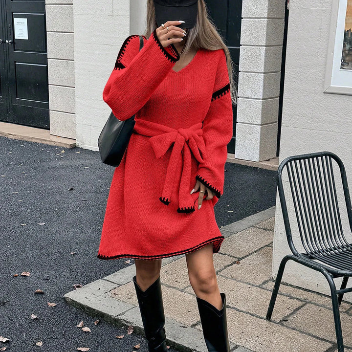 Primrose | Women's Belted V Neck Long Sleeve Knit Dress