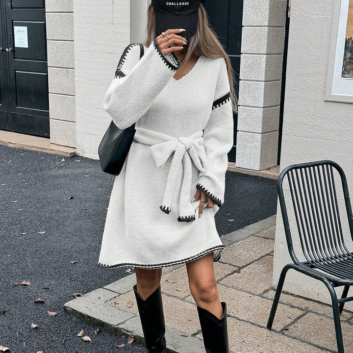 Primrose | Women's Belted V Neck Long Sleeve Knit Dress