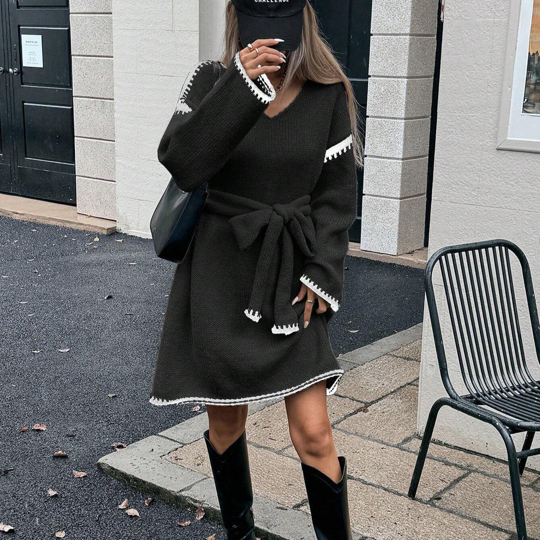 Primrose | Women's Belted V Neck Long Sleeve Knit Dress