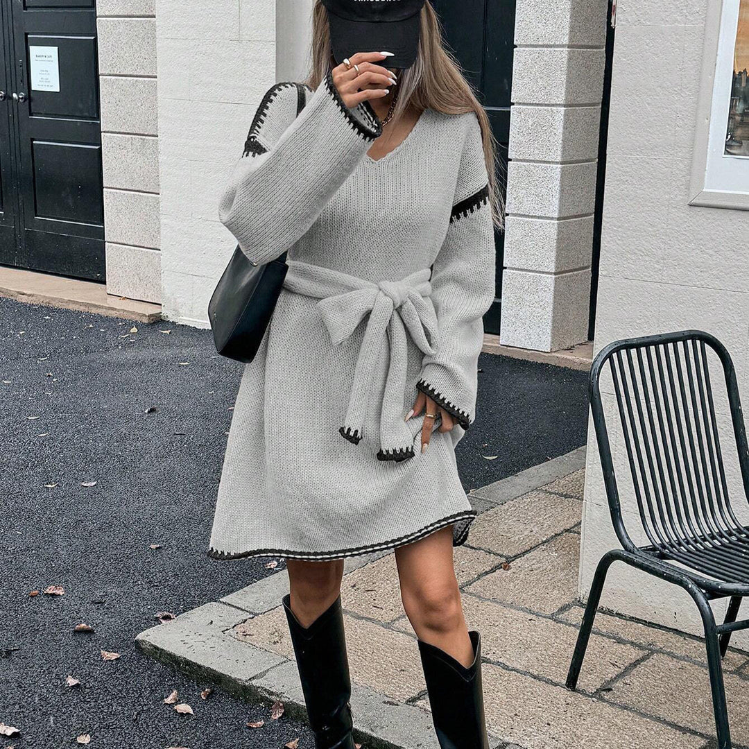 Primrose | Women's Belted V Neck Long Sleeve Knit Dress