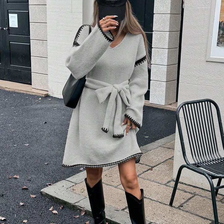 Primrose | Women's Belted V Neck Long Sleeve Knit Dress