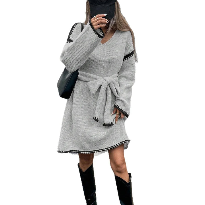 Primrose | Women's Belted V Neck Long Sleeve Knit Dress
