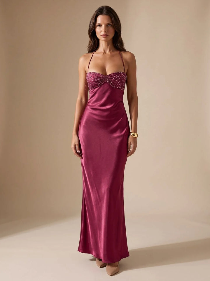 Rosie | Women's Embellished Halter Neck Open Back Maxi Dress