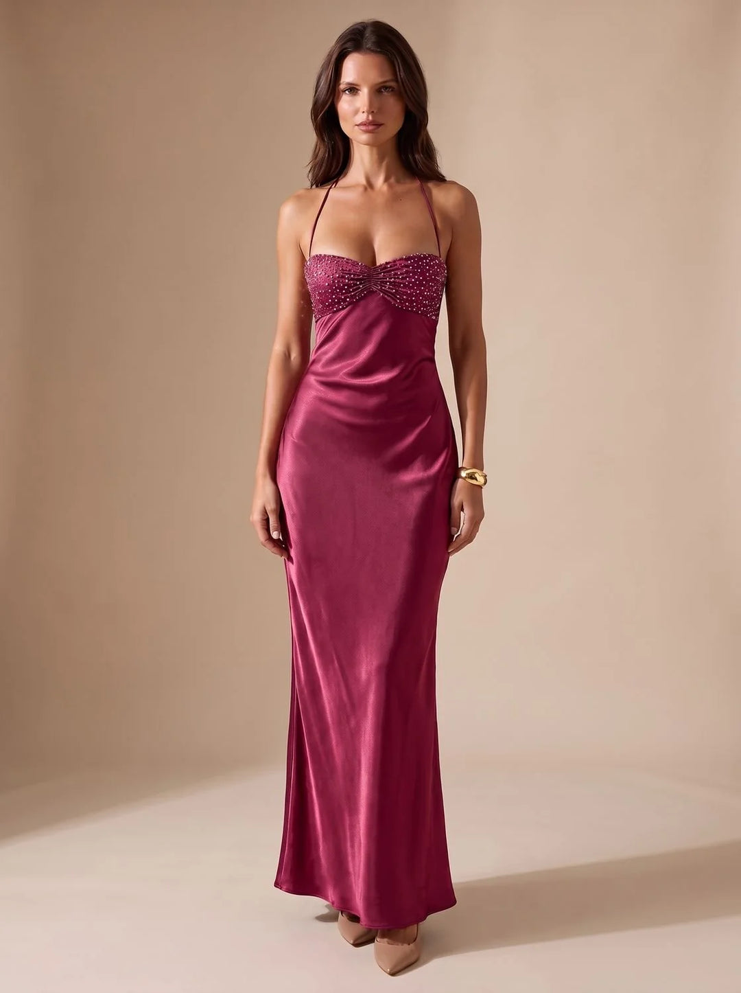 Rosie | Women's Embellished Halter Neck Open Back Maxi Dress