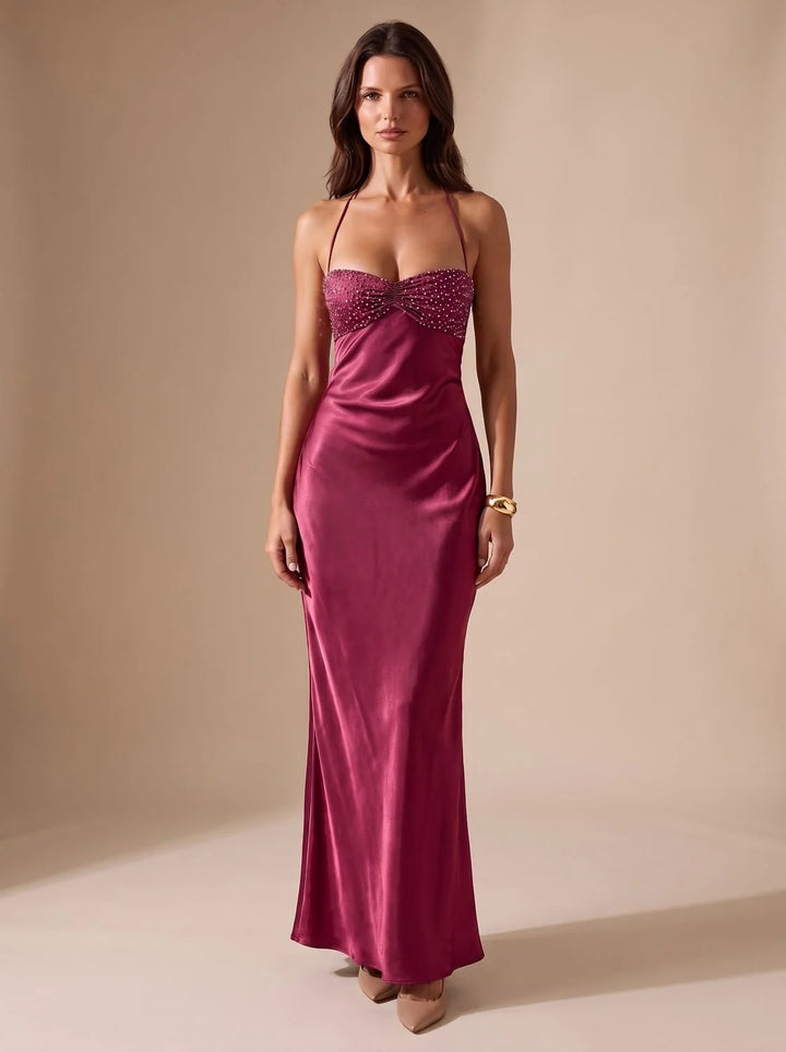 Rosie | Women's Embellished Halter Neck Open Back Maxi Dress