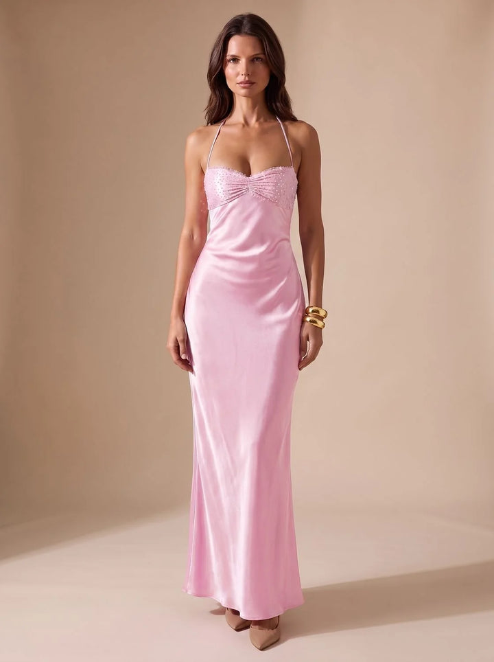 Rosie | Women's Embellished Halter Neck Open Back Maxi Dress