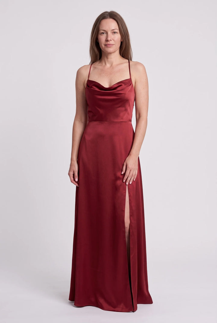 Rowena | Women's Satin Cowl Neck Evening Maxi Dress