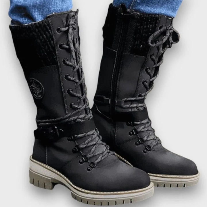 Sophie | Women's Knit Cuff Buckle Strap Lace Up Boots