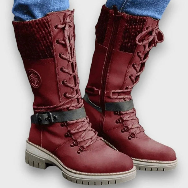 Sophie | Women's Knit Cuff Buckle Strap Lace Up Boots