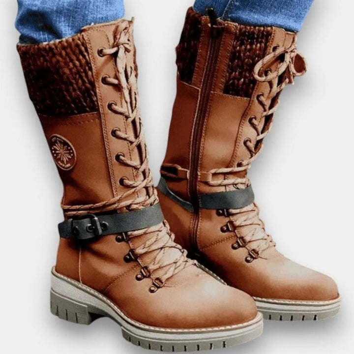 Sophie | Women's Knit Cuff Buckle Strap Lace Up Boots