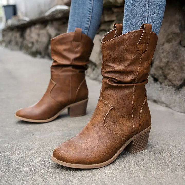 Tamsin | Ladies Slouch Block Heel Mid Calf Cowboy Boots