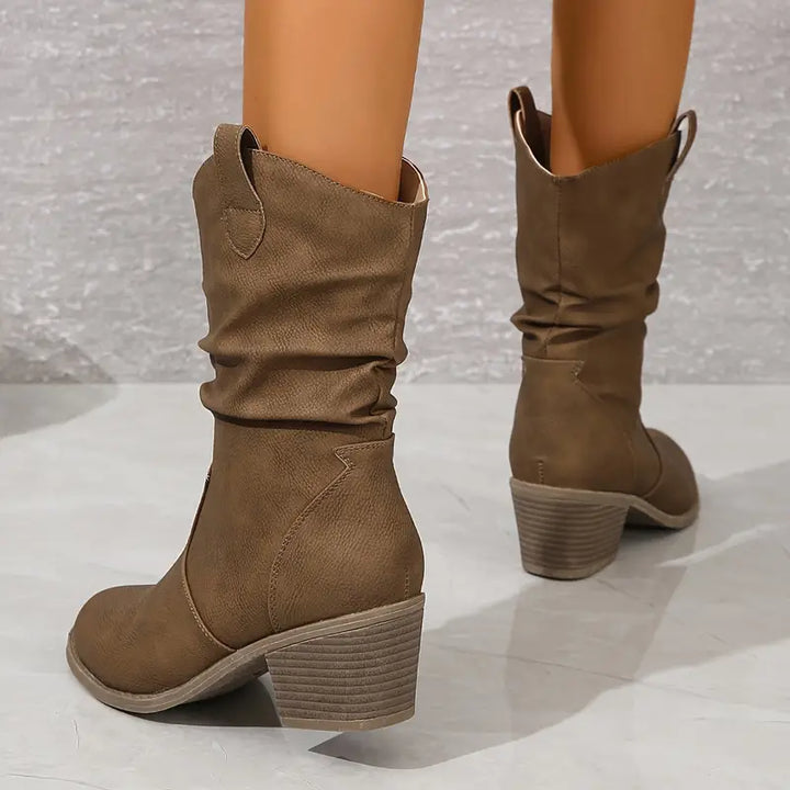 Tamsin | Ladies Slouch Block Heel Mid Calf Cowboy Boots
